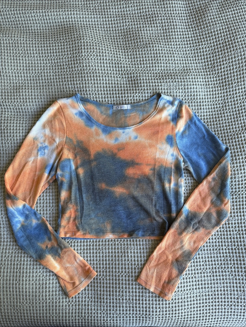 Noble U Orange and Blue Tie-Dye waffle knit Crop Long Sleeve Top